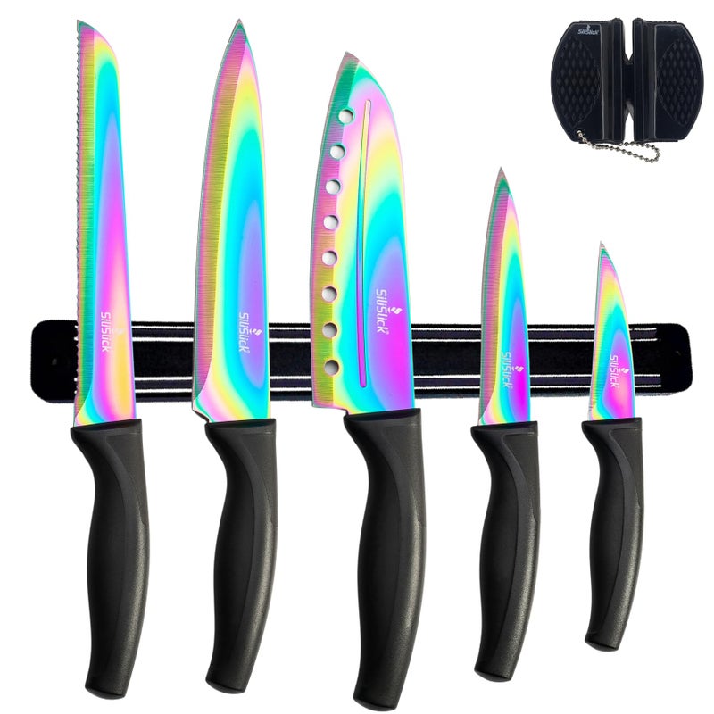 SiliSlick Kitchen Knife Set Kit, 5 Dishwasher Safe Colorful Knives, Knife Sharpener & Magnetic Wall Bar, Titanium Non Stick Plating Stainless Steel - Image 1